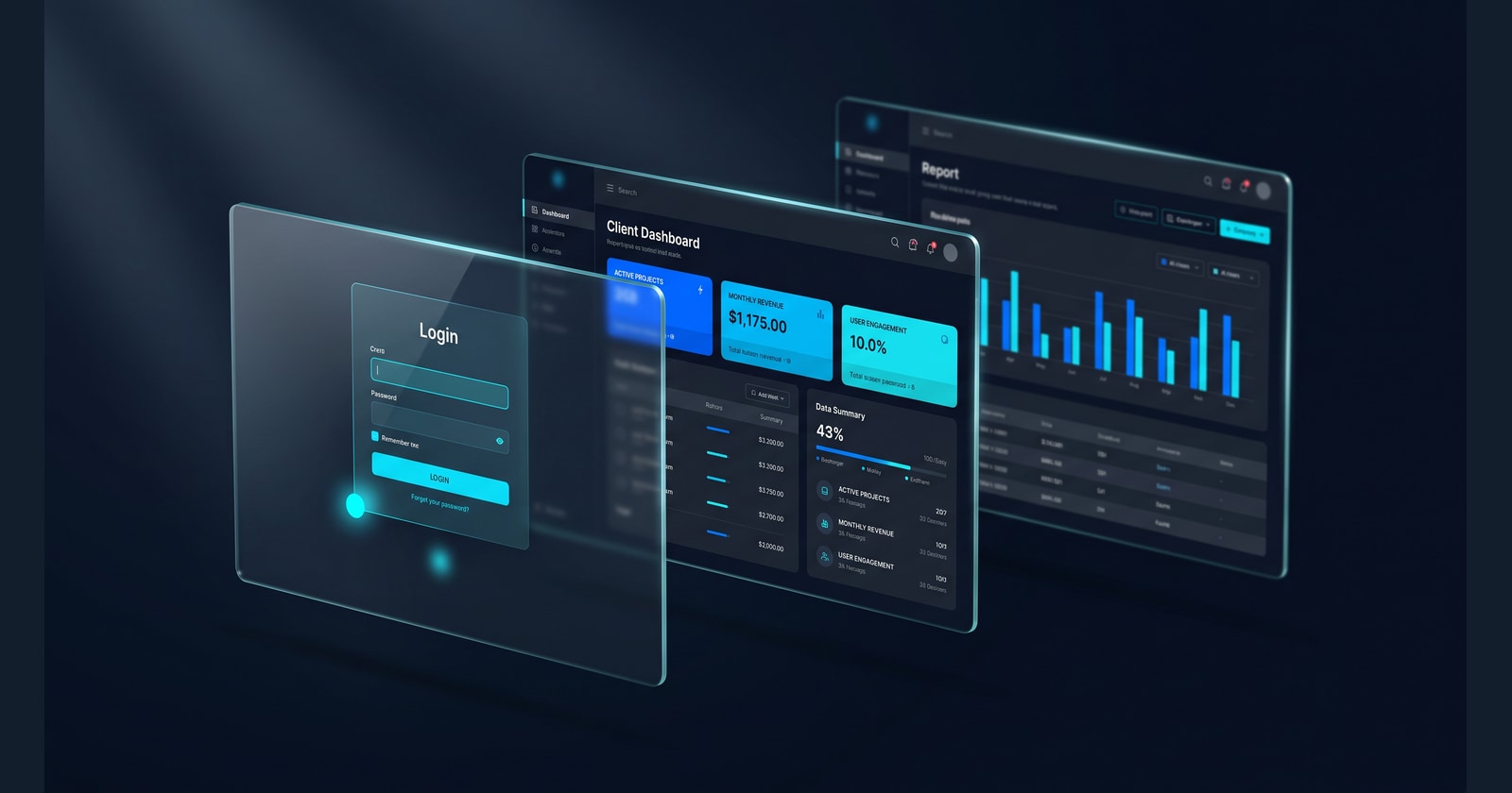 Portal B2B — premium 3-screen mockup: login, dashboard z KPI, szczegółowy raport z tabelami
