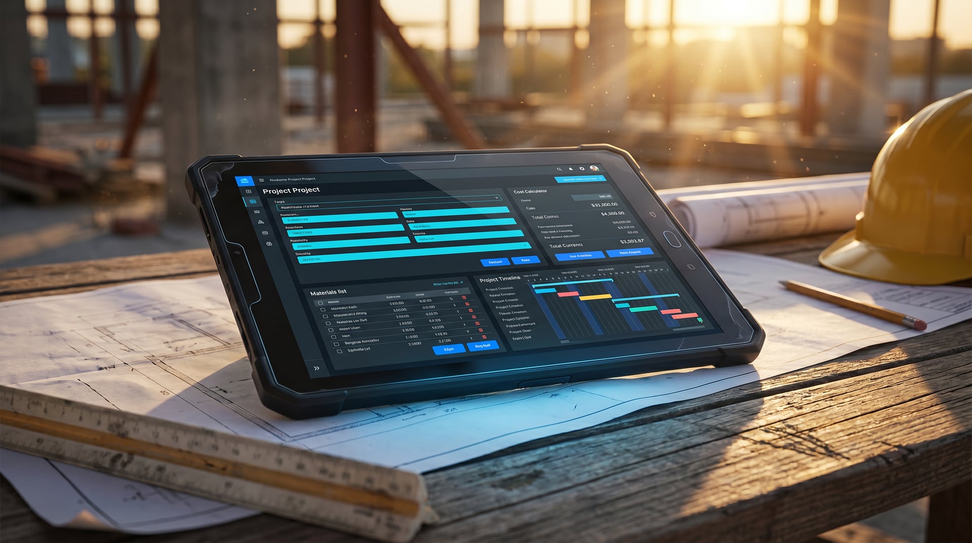 Aplikacja budowlana — tablet z estimating app na blueprints, plac budowy w tle