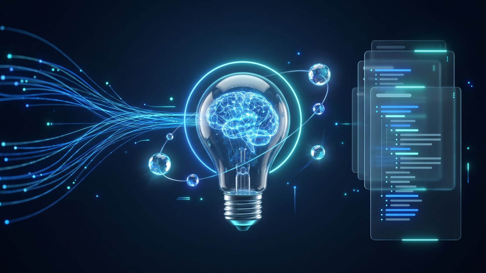 Content Ideas AI — glass lightbulb z neural brain, keyword spheres, content outline panels, GSC data flow