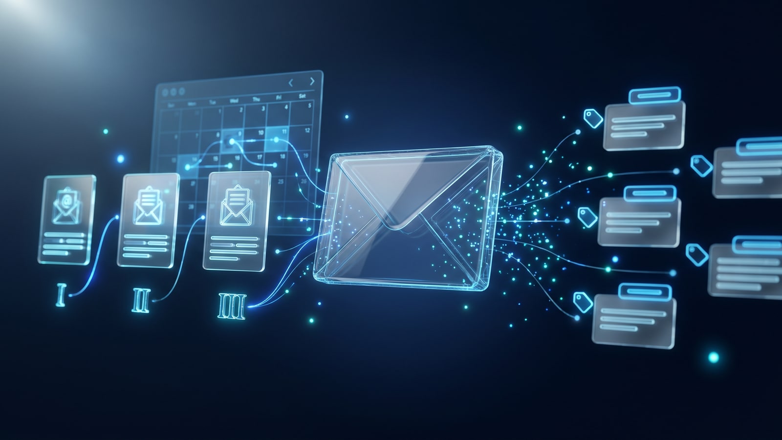 Lead Nurture AI — glass envelope z cyan particles, calendar grid, 3-stage drip campaign visualization