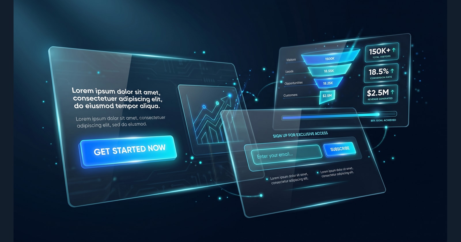 Landing page kampanii lead-gen — premium mockup: hero z CTA, formularz, conversion funnel analytics