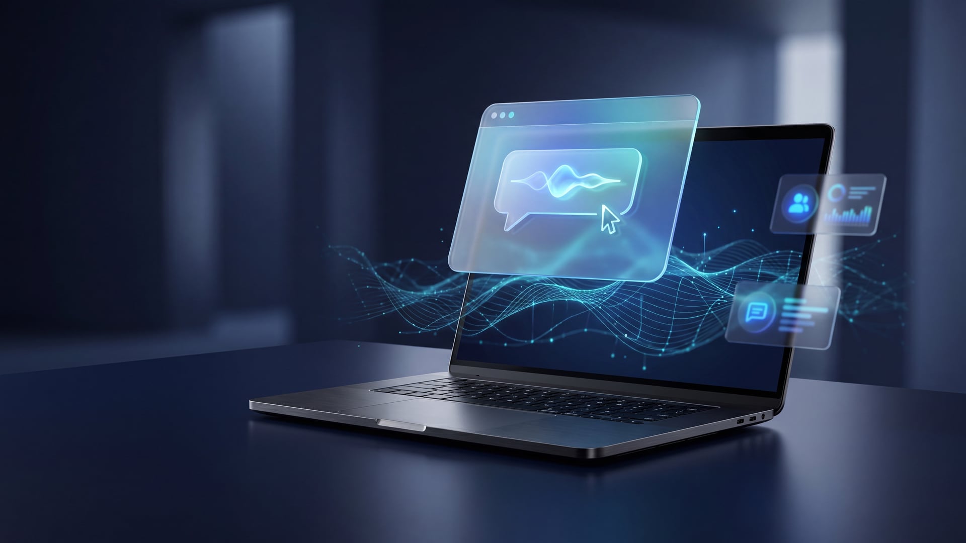Strona AI-Native — laptop z witryną i wbudowanym asystentem AI, który odpowiada klientom i kwalifikuje leady