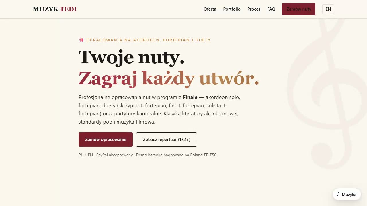 Przewinięcie żywej strony MUZYK TEDI — hero, katalog 172 utworów, lightbox demo, wersja PL/EN
