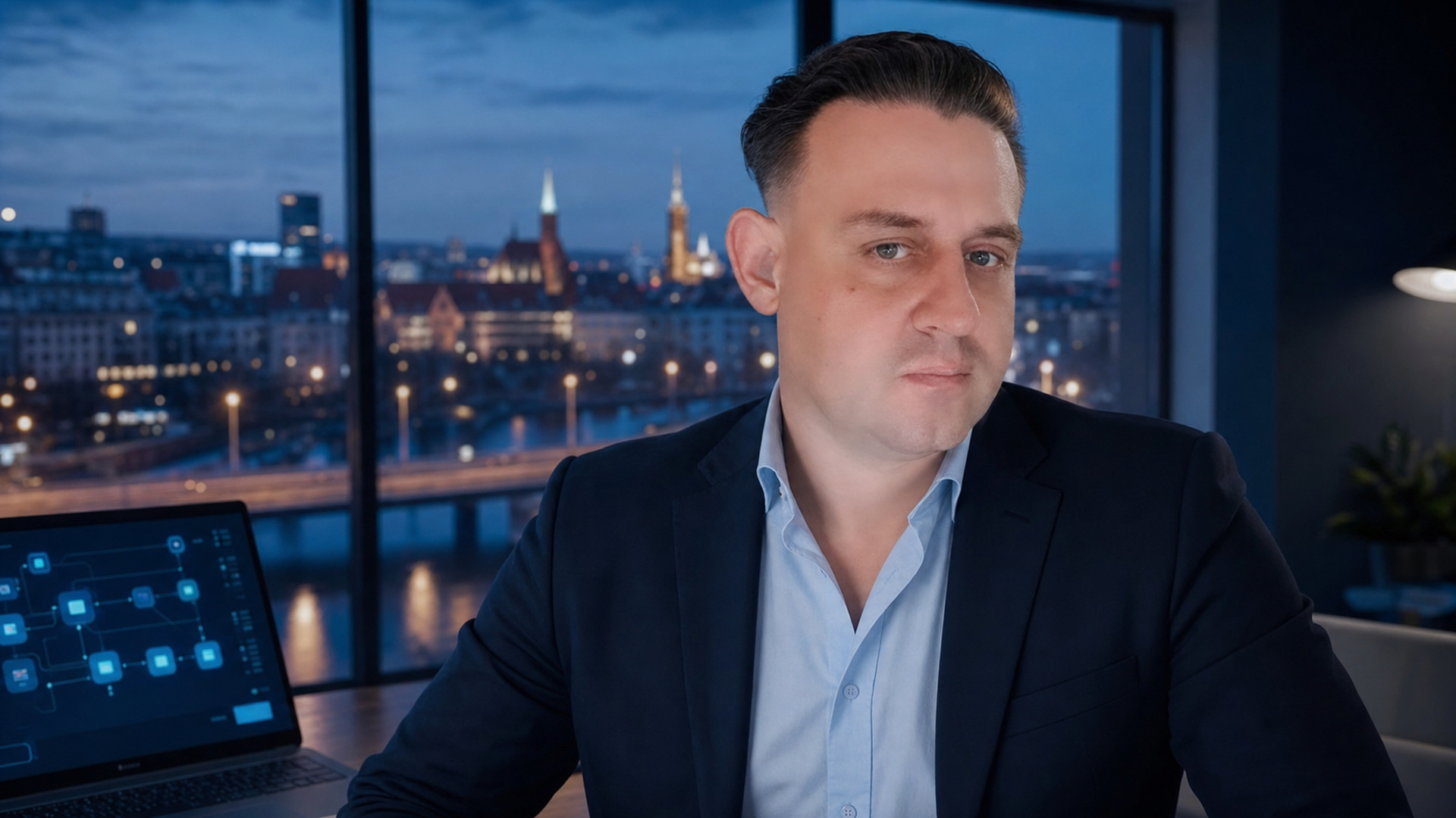 Łukasz Kamiński w biurze we Wrocławiu, przy laptopie z diagramem procesu